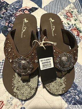 Montana West Brown Studded Concho Flip Flop Sandals
